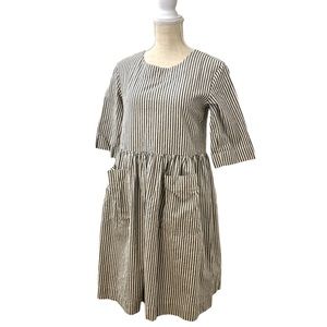 ROOLEE Boutique Grey and White Stripe Long Sleeve Mini Dress with Pockets